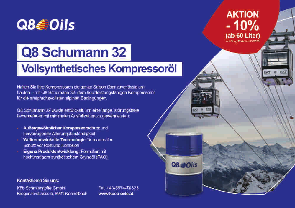 Q8 Oils, Schumann 32, vollsynthetisches Kompressoröl, Aktion bei Köb Schmierstoffe Kennelbach Q8 Oils, Schumann 32, vollsynthetisches Kompressoröl, Aktion bei Köb Schmierstoffe Kennelbach