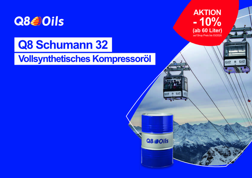Q8 Oils, Schumann 32, vollsynthetisches Kompressoröl, Aktion bei Köb Schmierstoffe Kennelbach Q8 Oils, Schumann 32, vollsynthetisches Kompressoröl, Aktion bei Köb Schmierstoffe Kennelbach